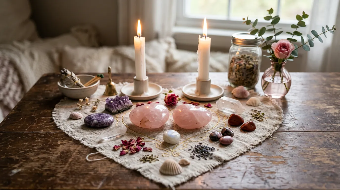 Two rose quartz hearts and love-related crystals on a heart-shaped cloth, pair of white candles creating soft glow, romantic spiritual altar