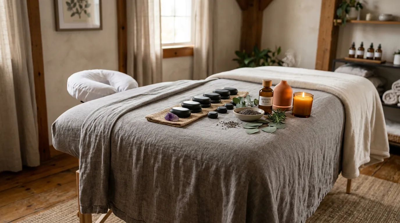 Massage therapy table draped in soft fabric with healing stones and aromatic elements arranged gently, warm soft lighting, peaceful serene atmosphere