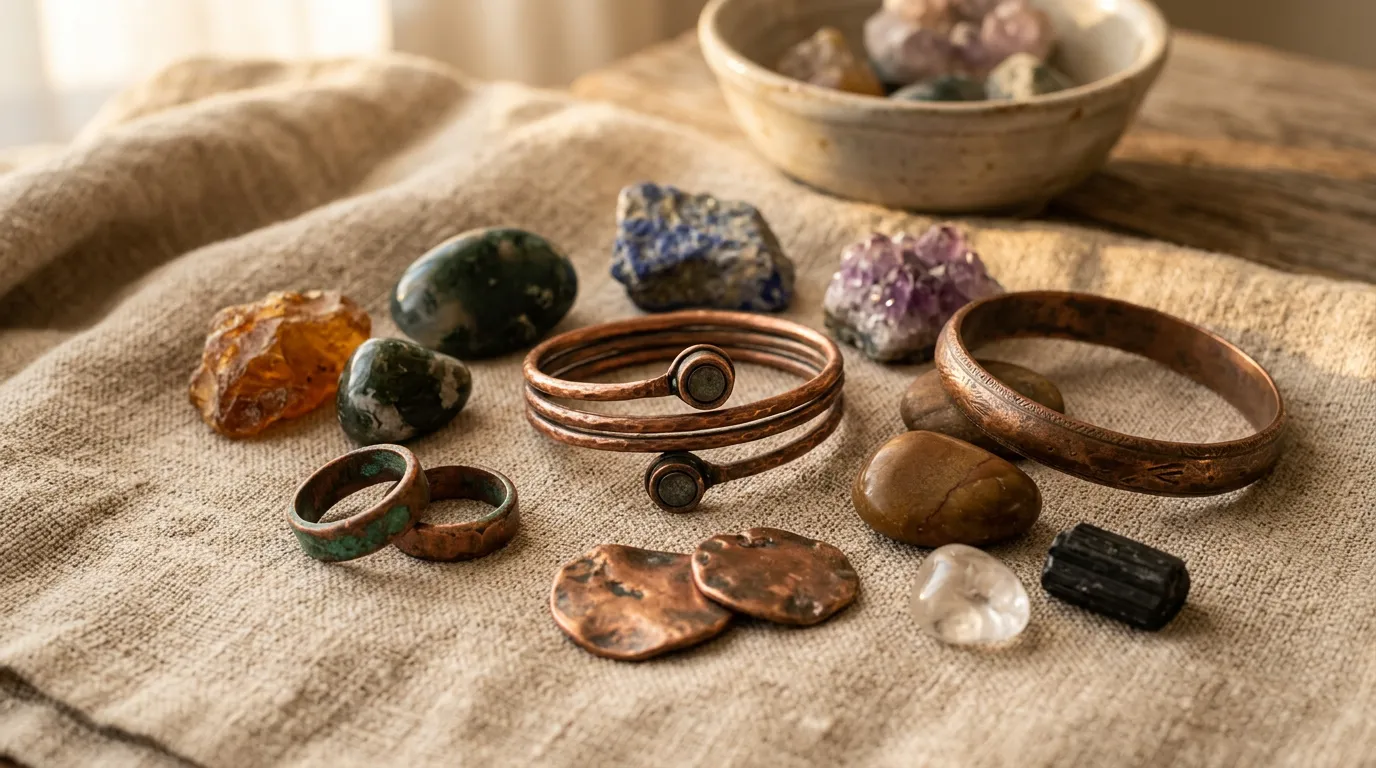 Vintage copper healing magnets and natural healing stones on linen, soft golden hour light, ancient healing tools on natural surface